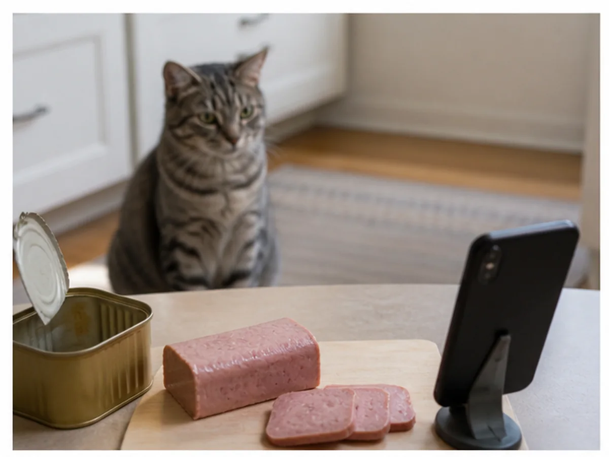Cat safely separated from spam in a household scene about manufacturer information and recipe changes