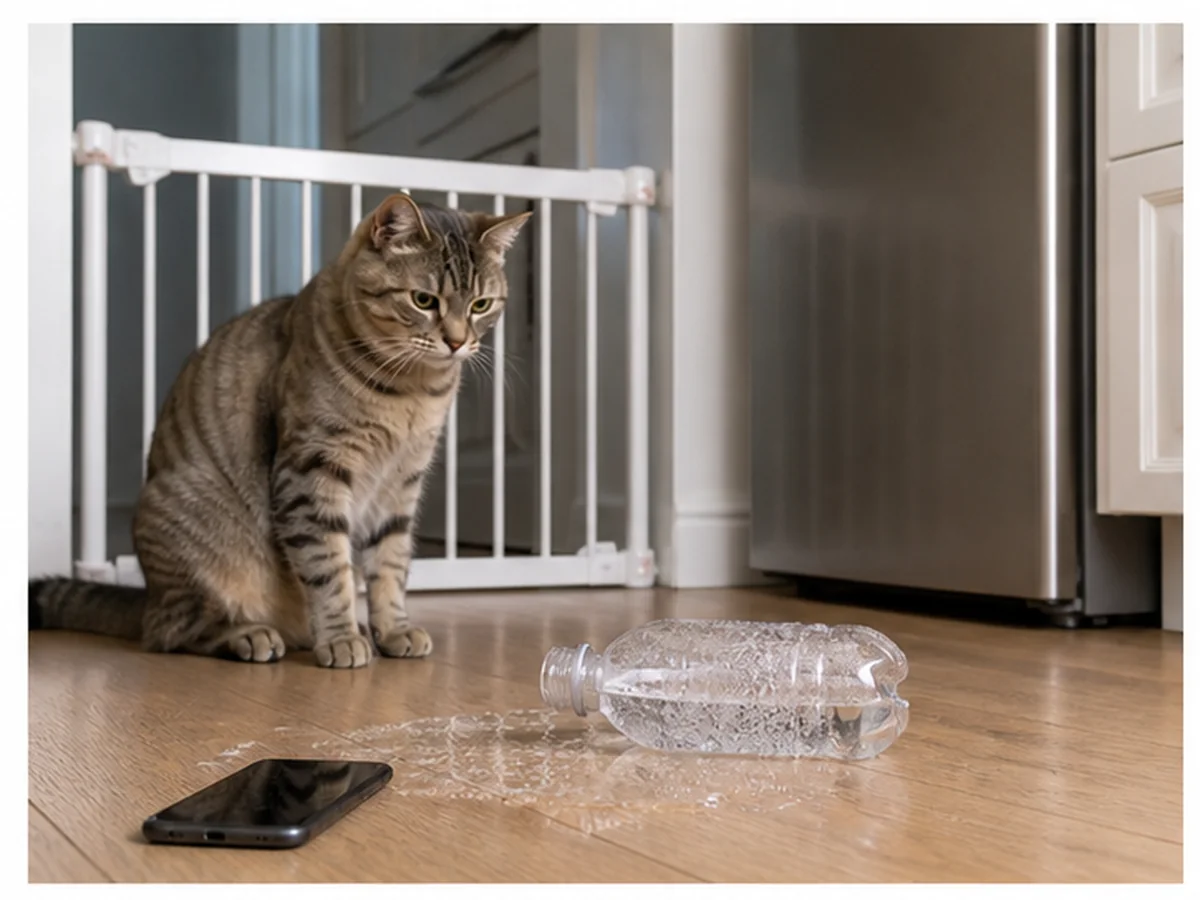 Cat safely separated from sparkling water in a household scene about what to do after a fizzy-water raid