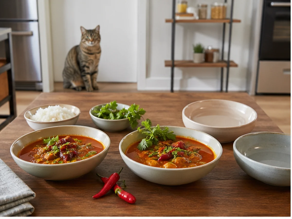 Several spicy dishes on a table with a cat sitting well away