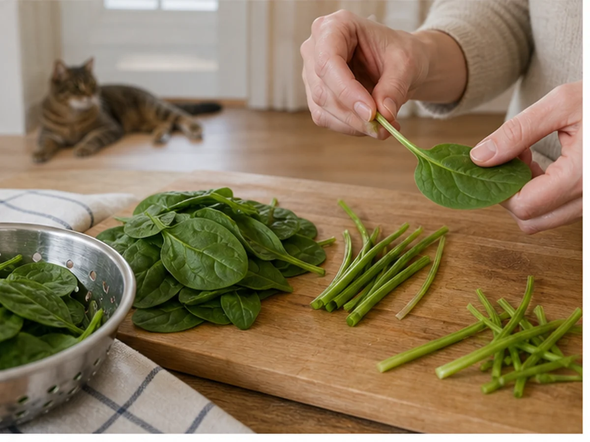 Hands separating spinach leaves and stems with a cat distant