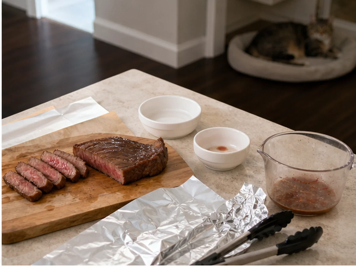 Sliced steak, utensils, sample bowl, and phone with a cat distant