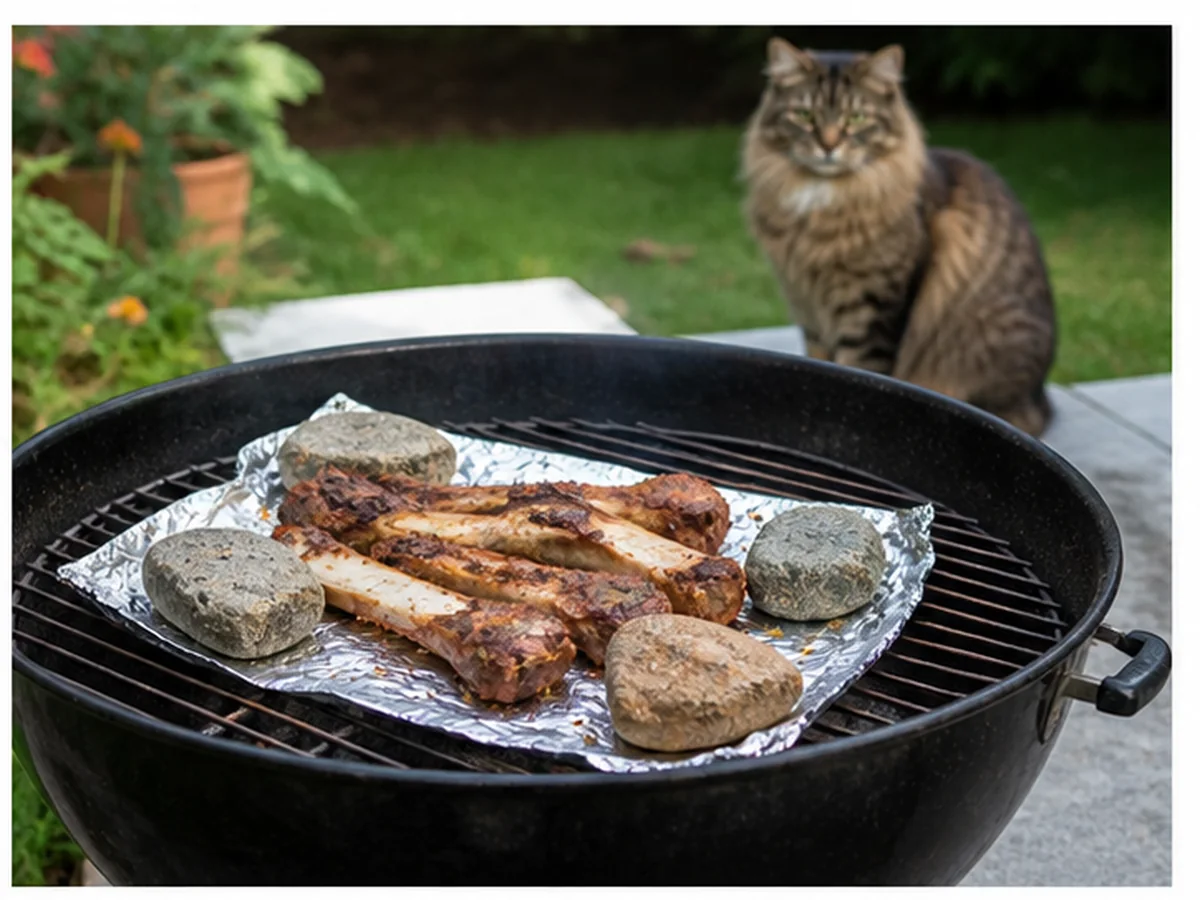 Cat safely separated from steak bones in a household scene about outdoor grills and campfires
