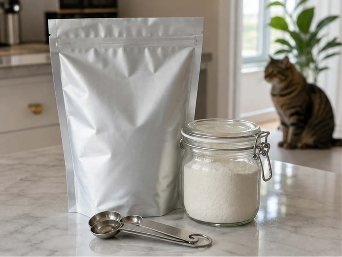 Plain bulk pouch and jar of white stevia with measuring spoons