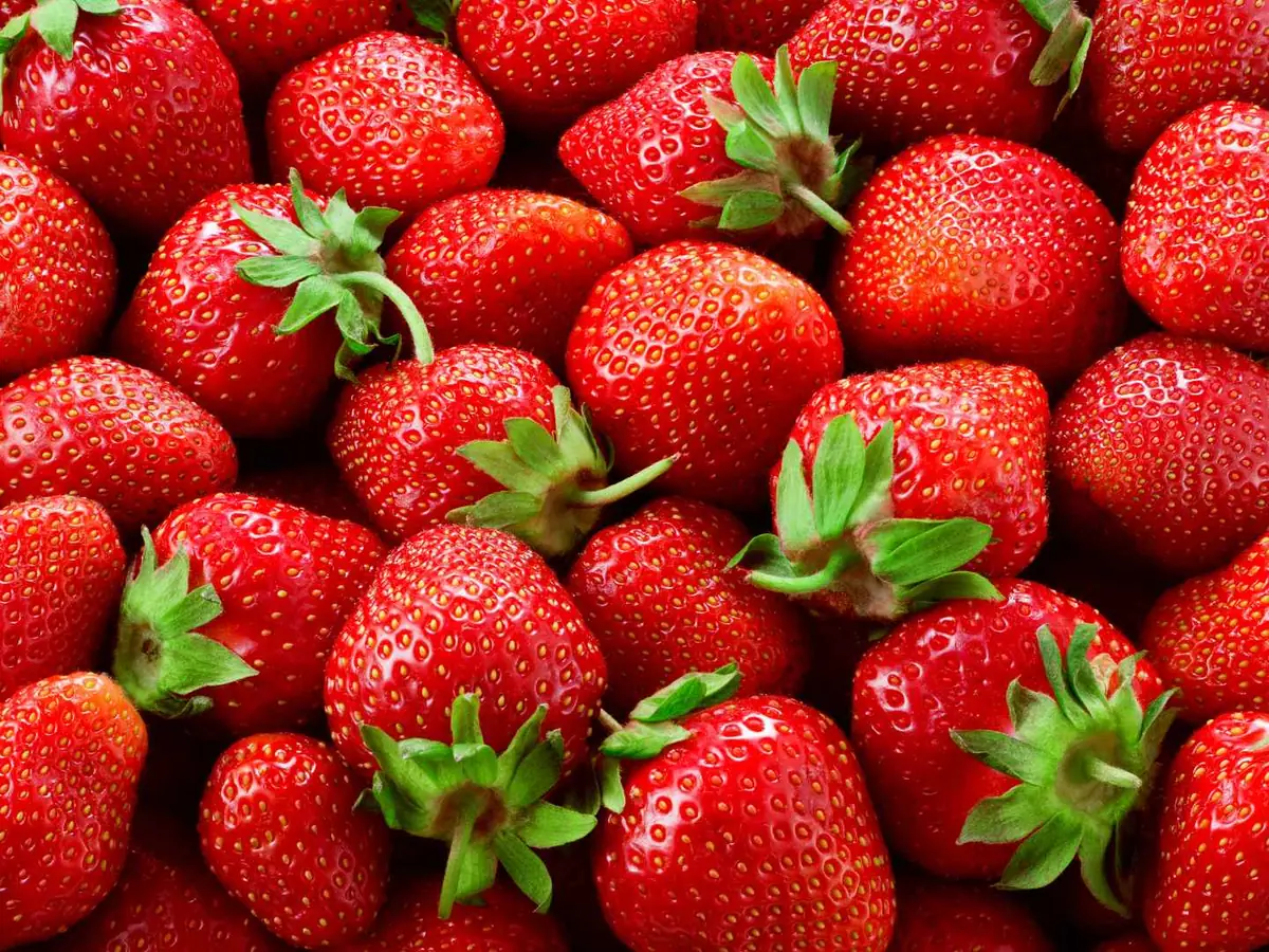 A close pile of ripe strawberries with leafy tops