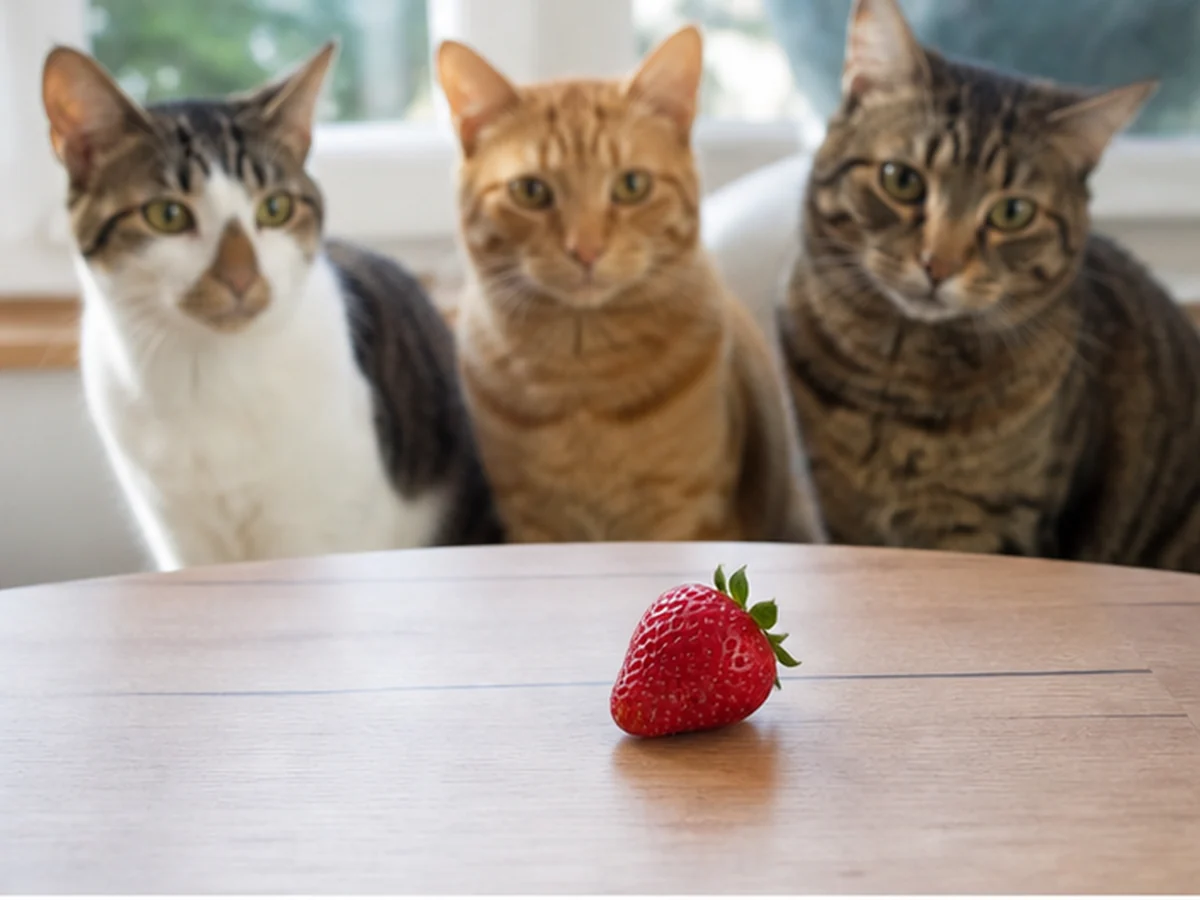 Several cats kept apart from strawberries