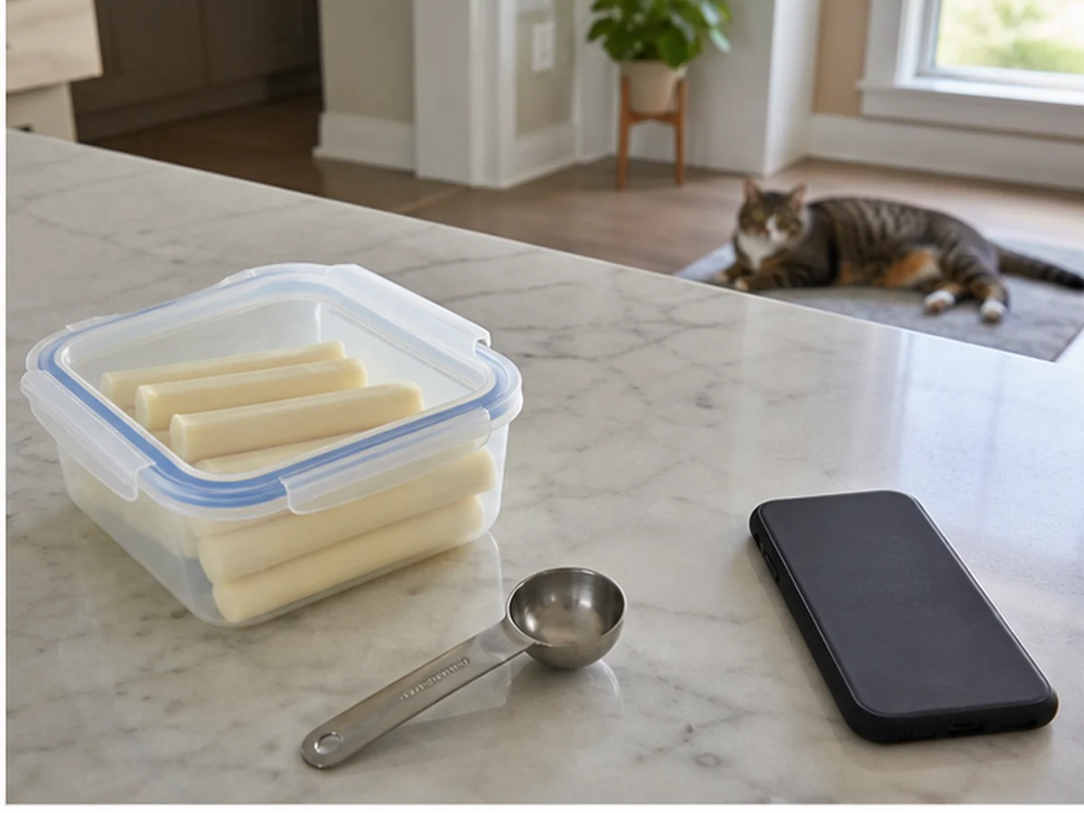 Sealed string cheese, spoon, and phone with a cat resting away