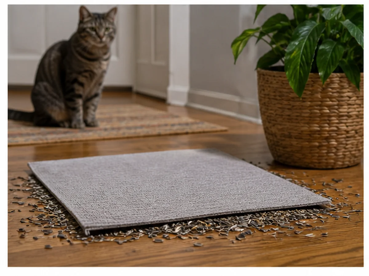 Cat safely separated from sunflower seeds in a household scene about a spill plan