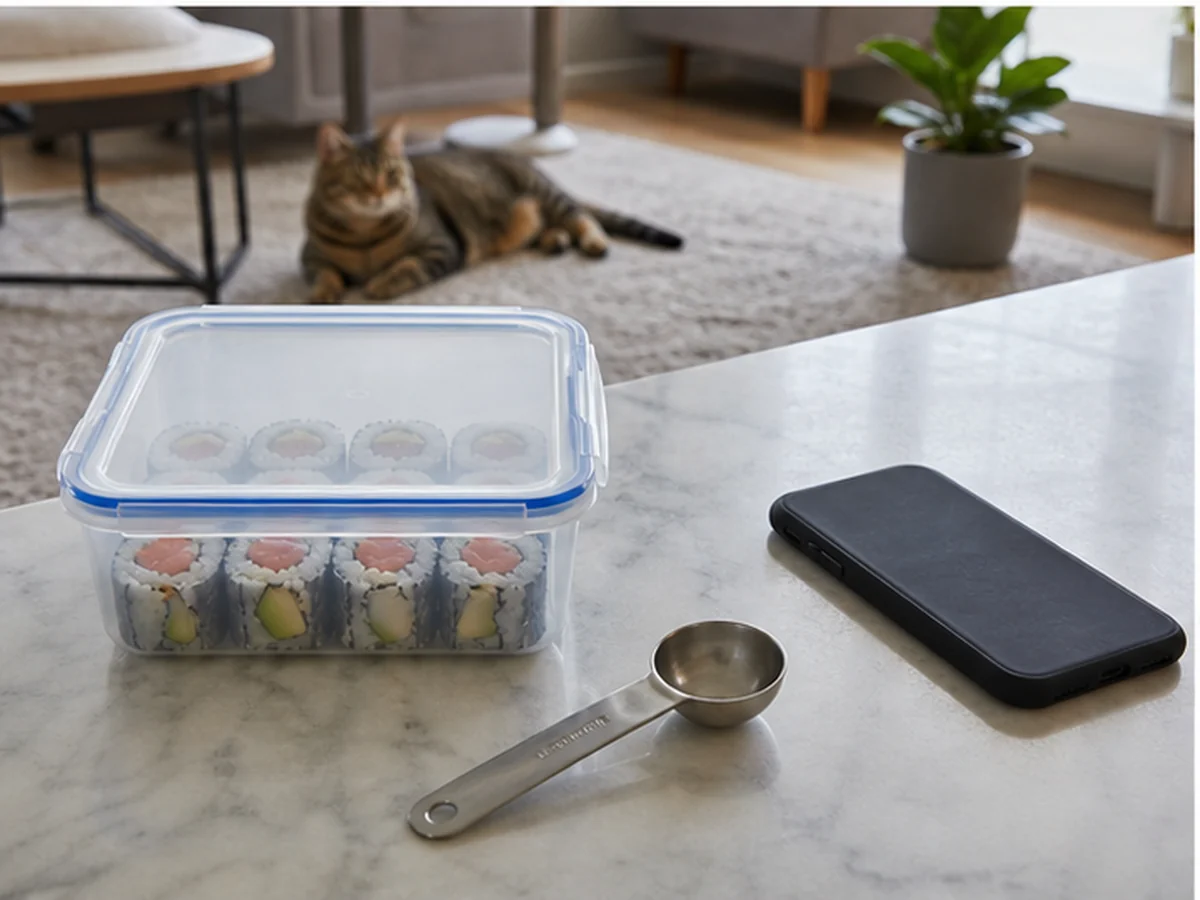 Sealed sushi, spoon, and phone with a cat resting away