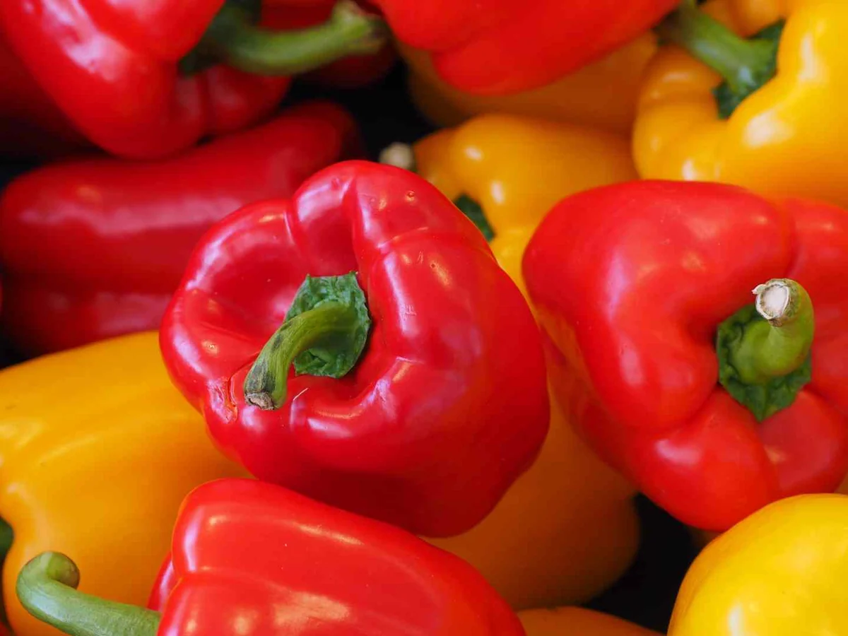 Red and yellow bell peppers filling the frame