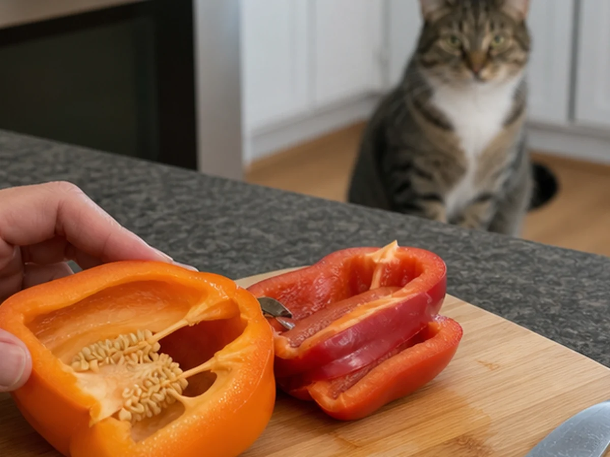 Cat kept behind a kitchen scene involving sweet peppers