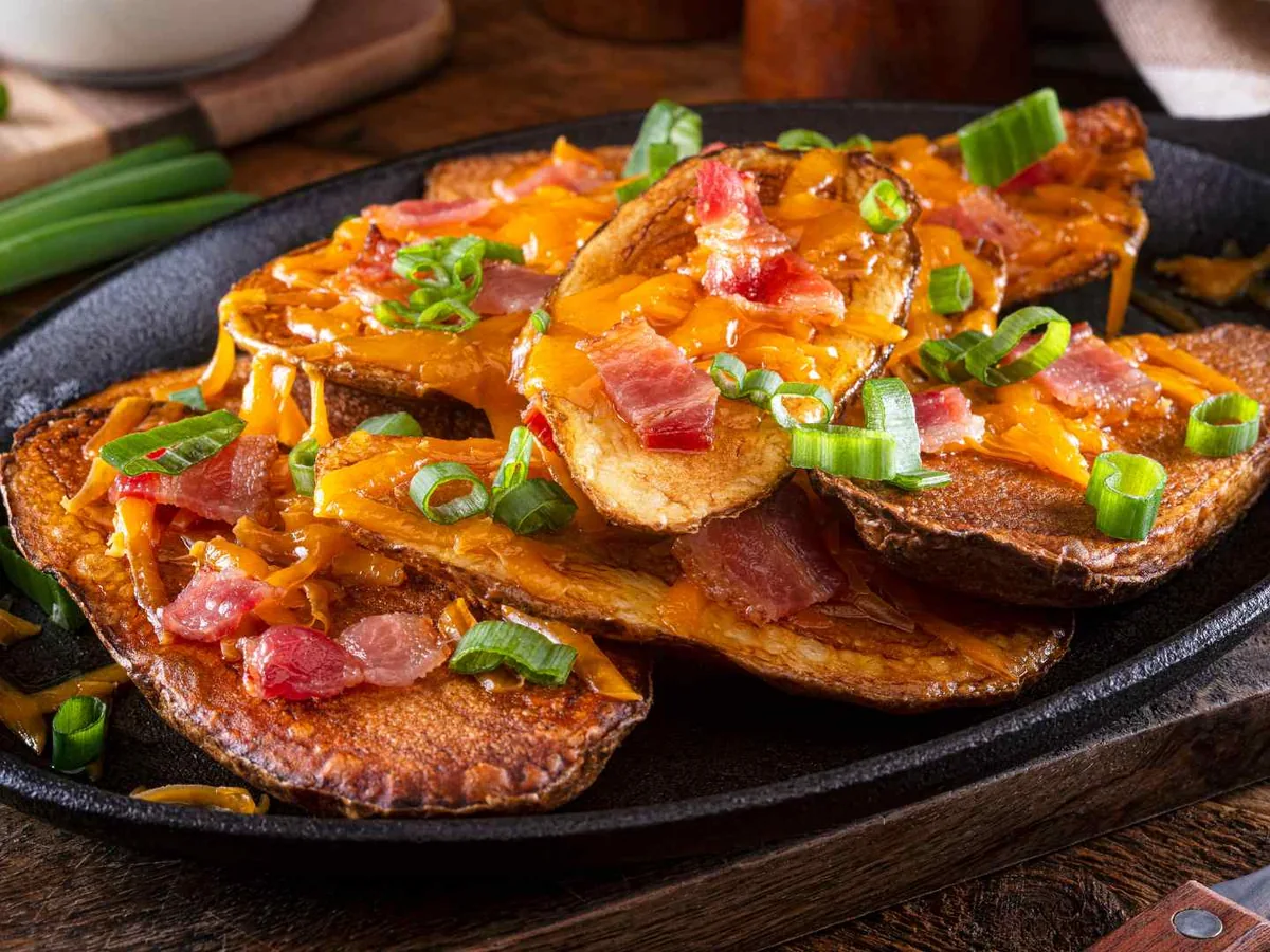 Loaded sweet potato skins topped with cheese, bacon, sour cream, and green onions