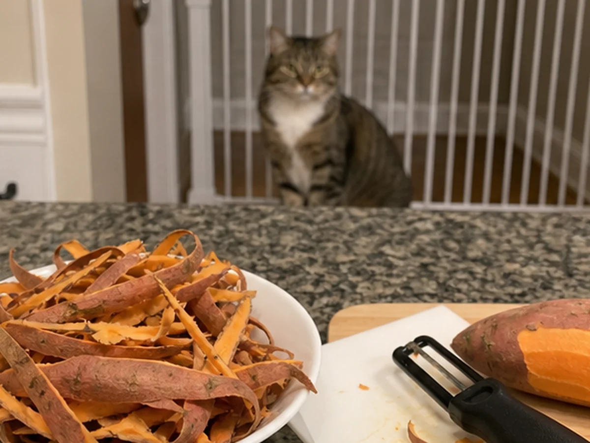 Cat kept behind a kitchen scene involving sweet potato skins