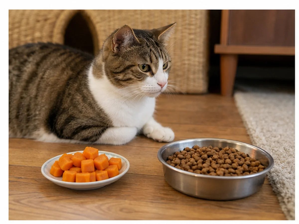 Cat safely separated from sweet potatoes in a household scene about a practical sweet potato verdict