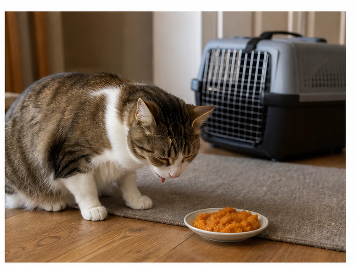 Cat safely separated from sweet potatoes in a household scene about what vomiting after mash might mean
