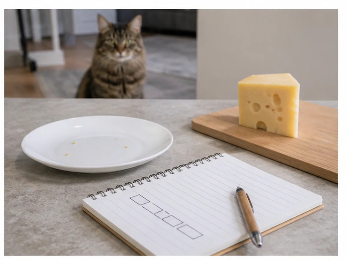 Cat safely separated from swiss cheese in a household scene about the missing-slice checklist