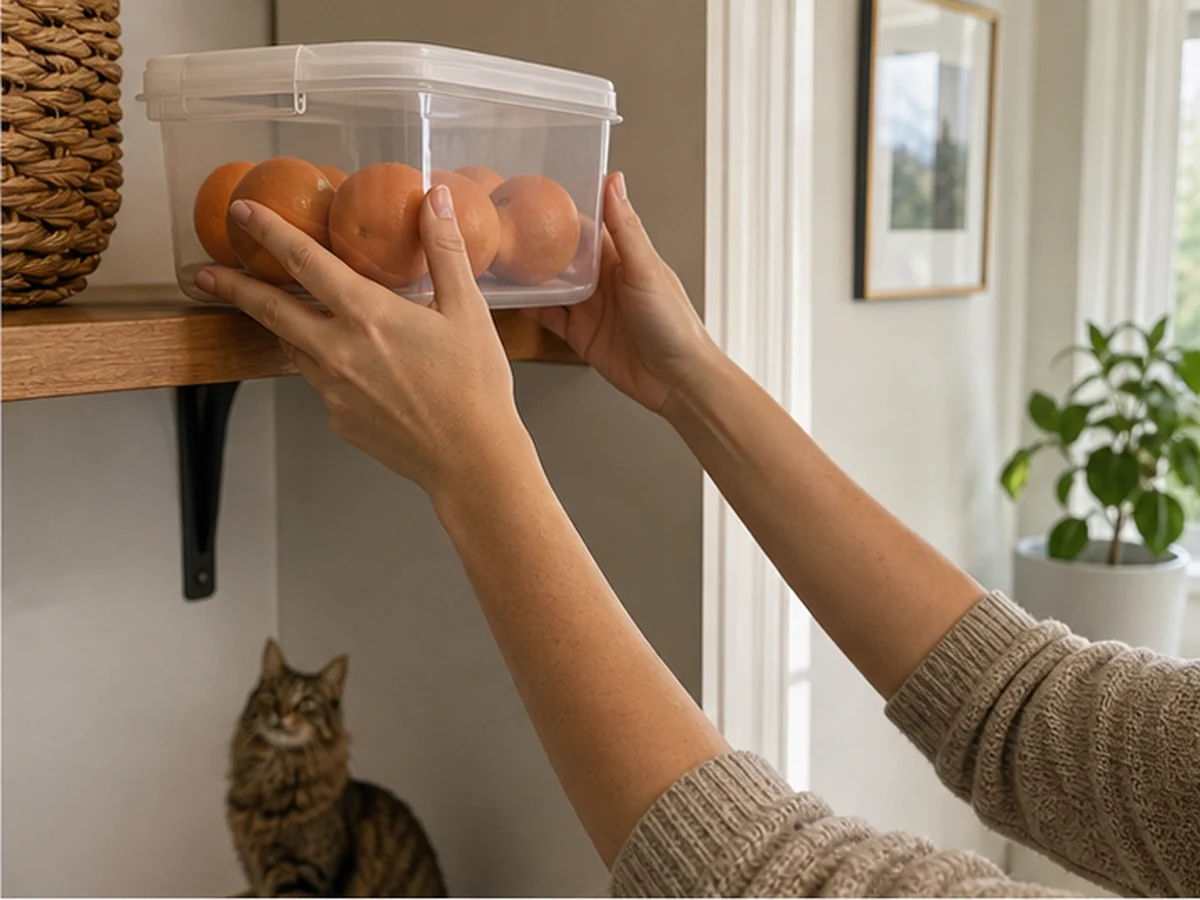 Hands storing tangerines on a high shelf with cats distant