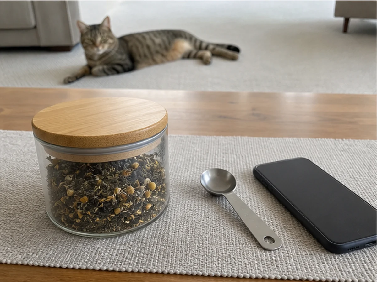 Sealed tea leaves, spoon, and phone with a cat resting away
