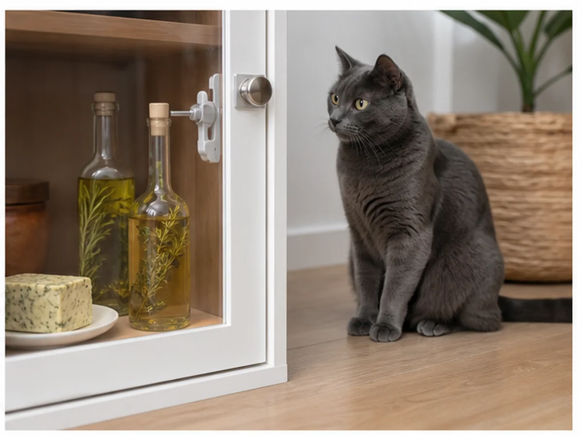 Cat safely separated from thyme in a household scene about herb butter and infused oil