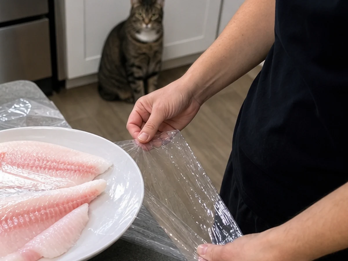 Cat kept behind a kitchen scene involving tilapia