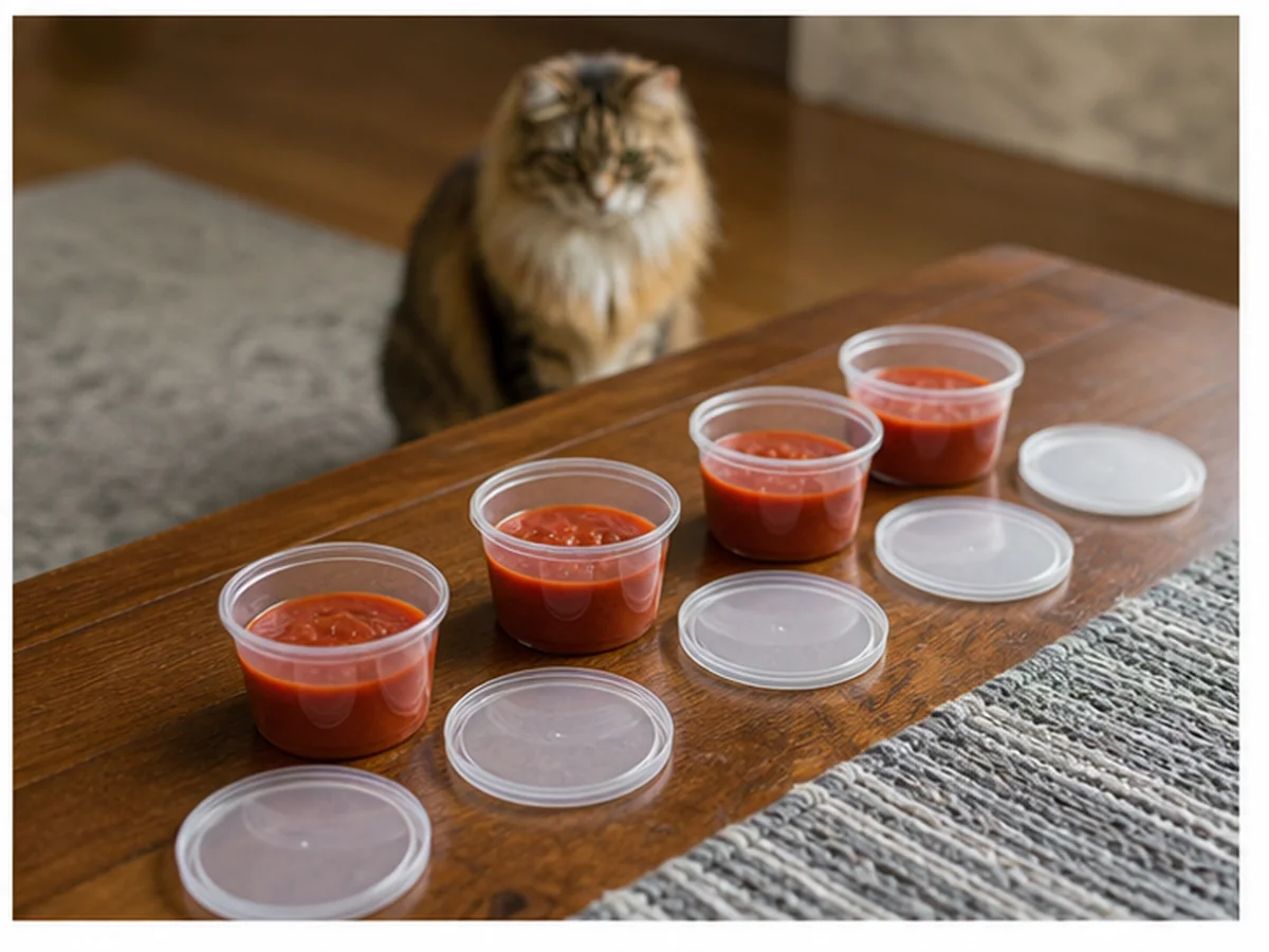 Cat safely separated from tomato sauce in a household scene about repeated small exposures belong in one history