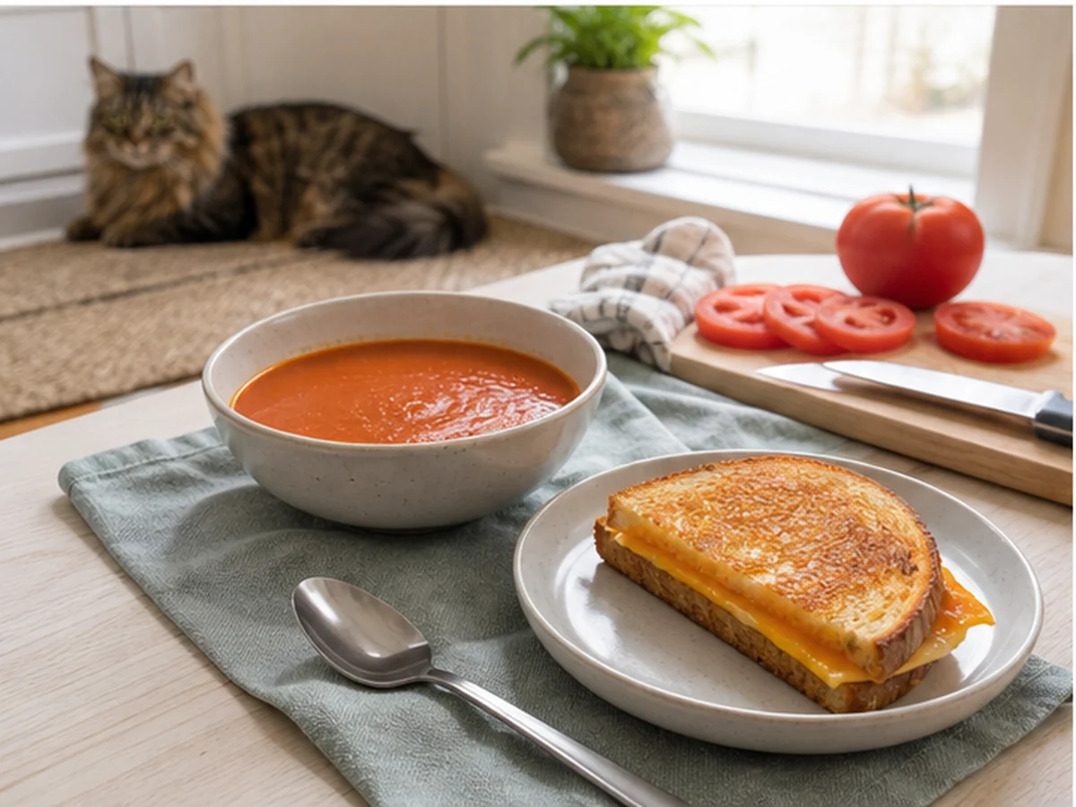 Tomato soup, toasted sandwich, and tomatoes with a cat distant