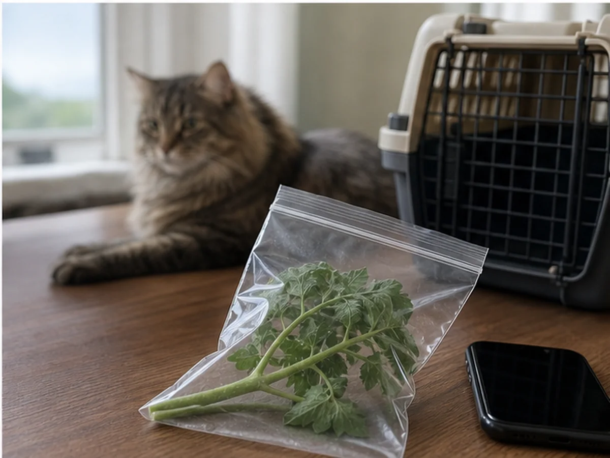 Cat safely separated from tomatoes in a household scene about what to do after an exposure