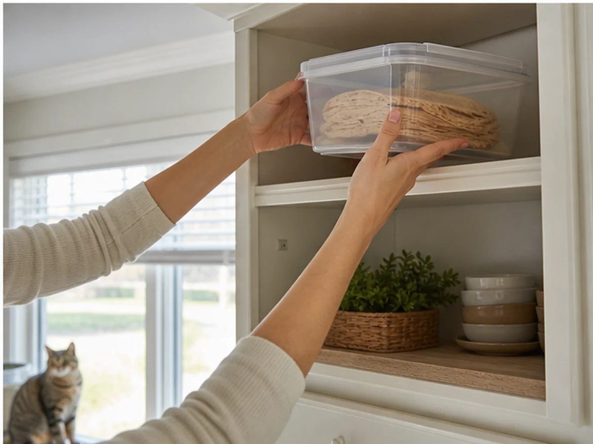 Hands storing tortillas on a high shelf with a cat distant