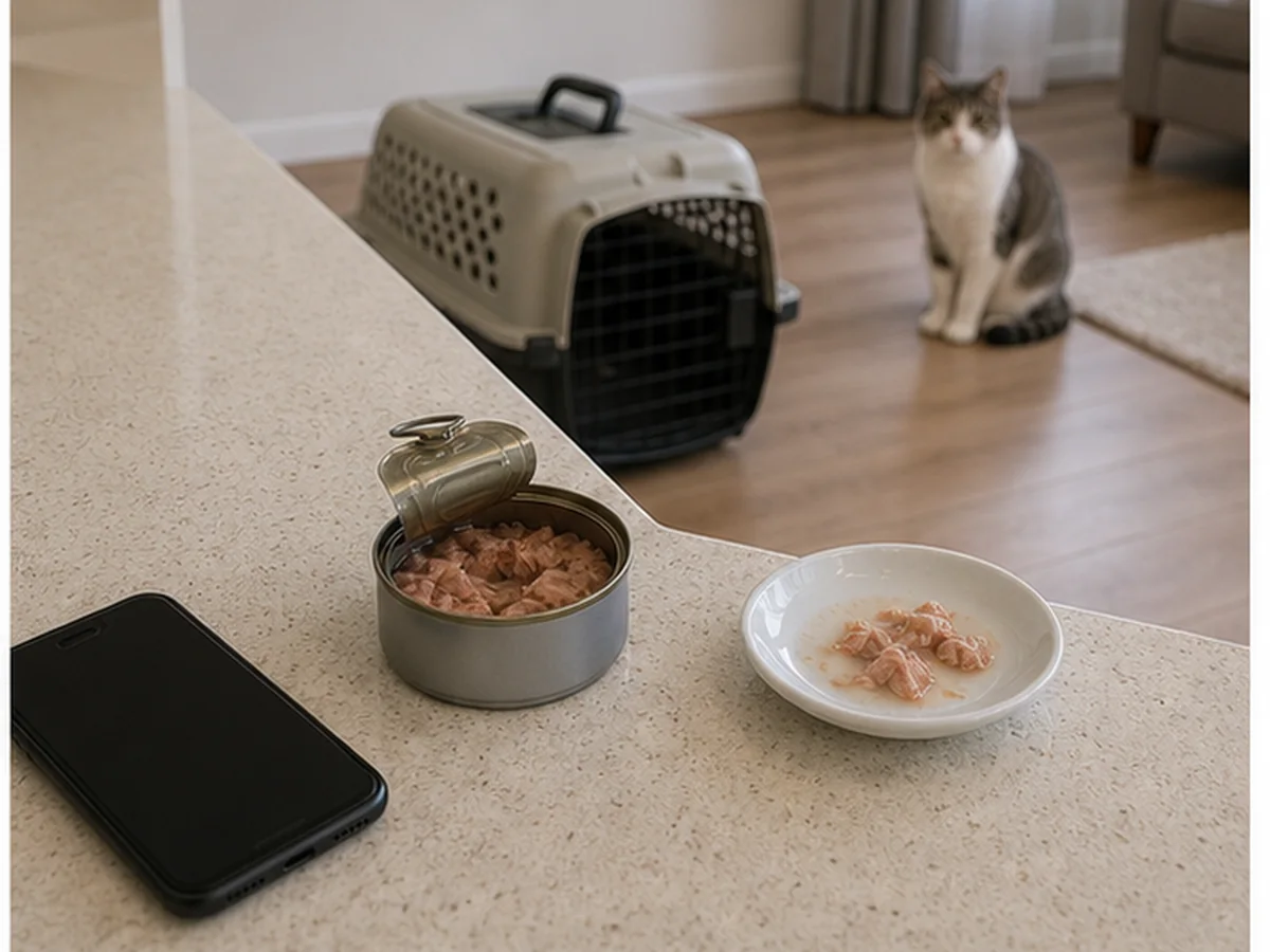 Cat safely separated from tuna in a household scene about what to do if your cat ate tuna