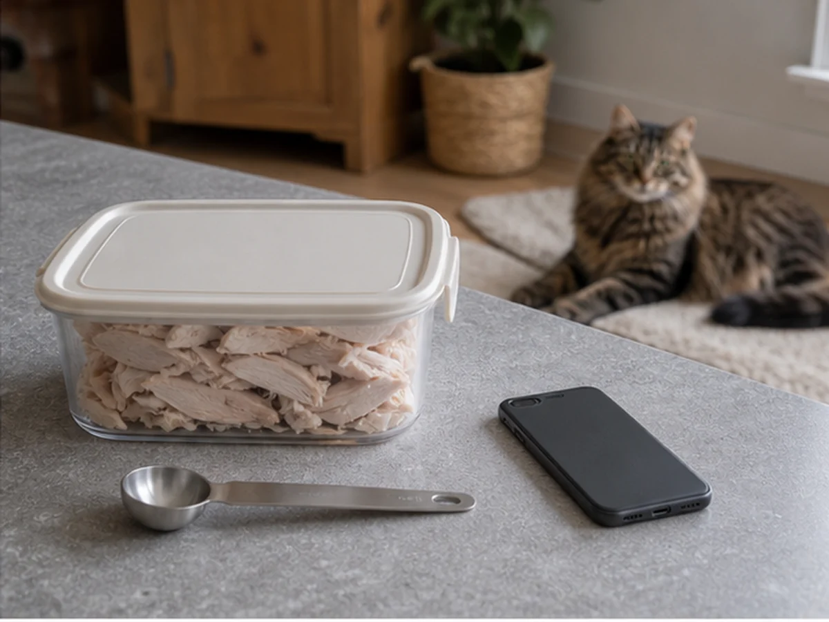 Sealed turkey pieces, spoon, and phone with a cat resting away