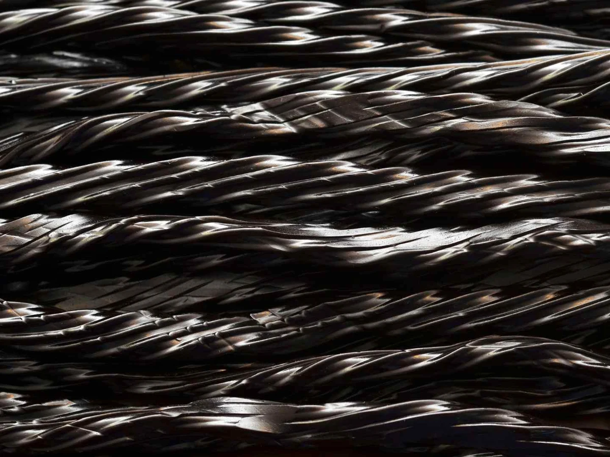 Glossy black twisted licorice sticks fill the frame.