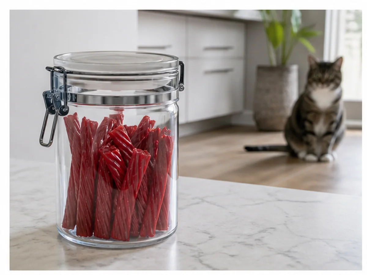 Cat safely separated from twizzlers in a household scene about lookalike licorice candy