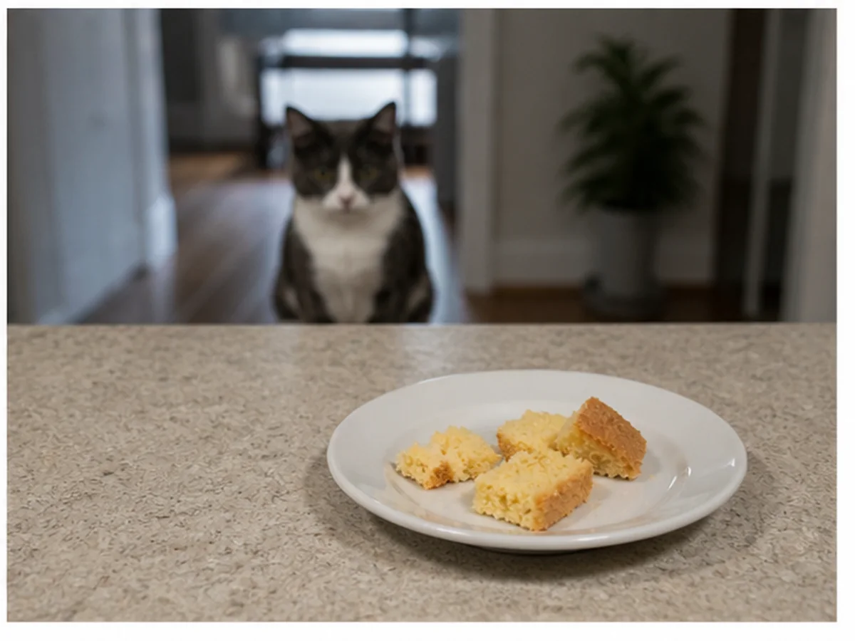 Cat safely separated from vanilla in a household scene about after a tiny baked-food crumb