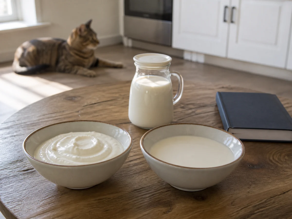Two plain yogurt bowls, milk pitcher, notebook, and a cat distant