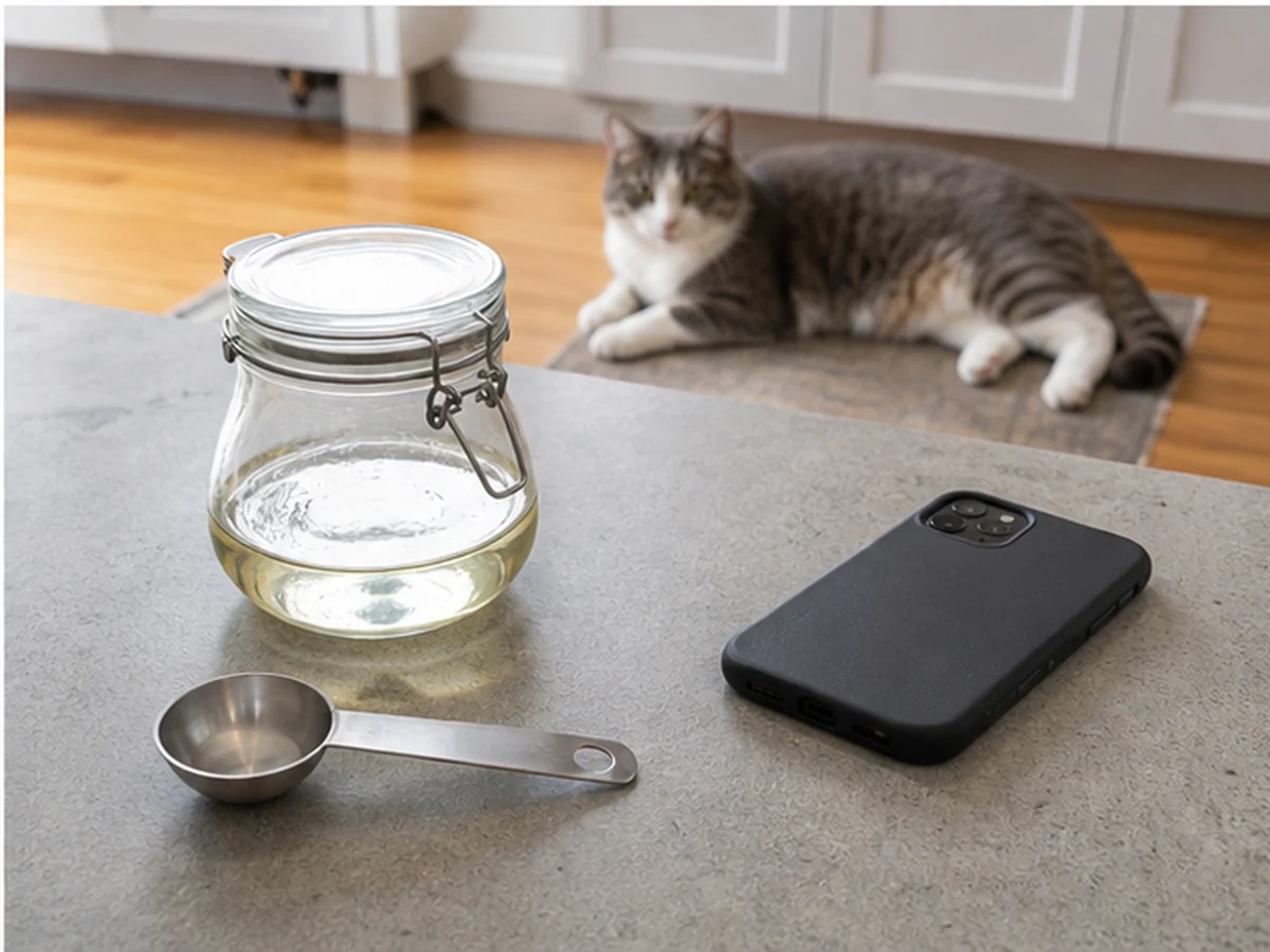Sealed clear vinegar, spoon, and phone with a cat resting away
