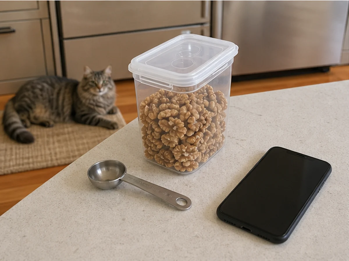 Sealed walnuts, spoon, and phone with a cat resting away