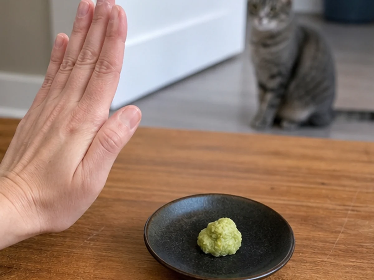 Cat kept behind a kitchen scene involving wasabi