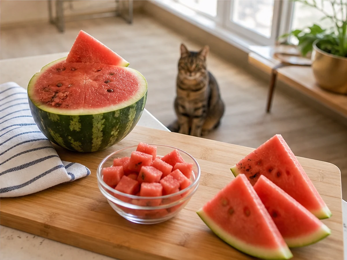 Cut watermelon on a counter with a cat sitting well behind it