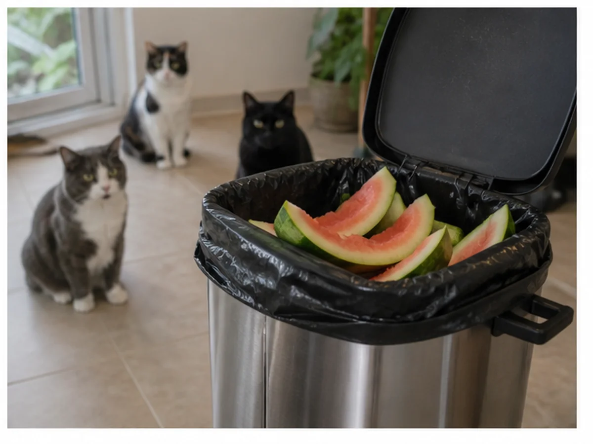 Cat safely separated from watermelon rind in a household scene about several cats at one trash can