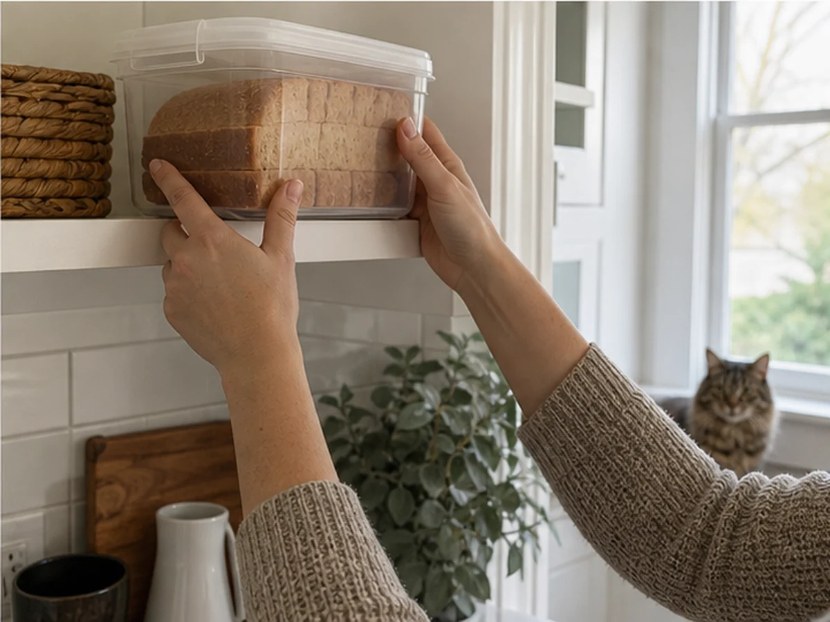 Hands storing wheat bread on a high shelf with a cat distant