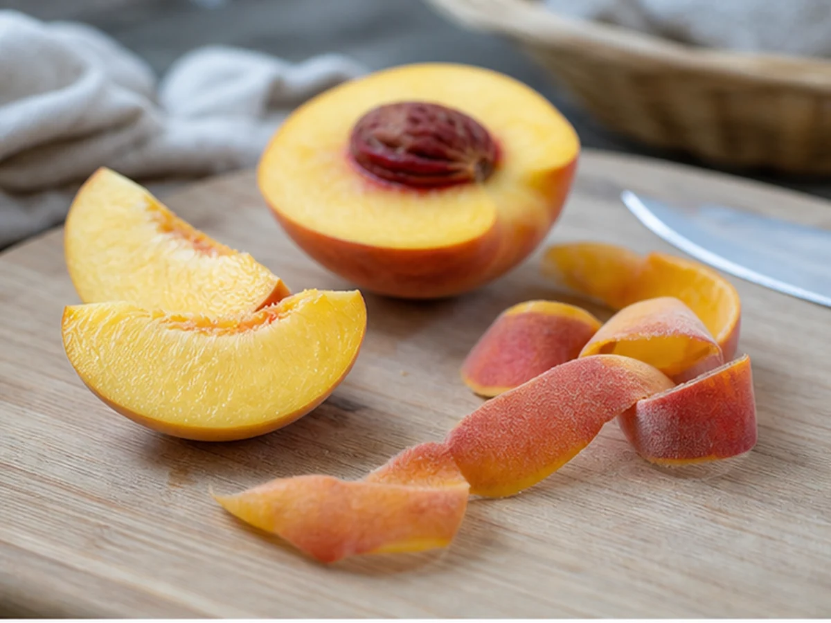 Peach slices, peel, and pit on a cutting board