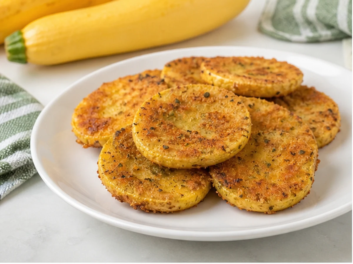 Breaded fried yellow summer squash rounds on a white plate