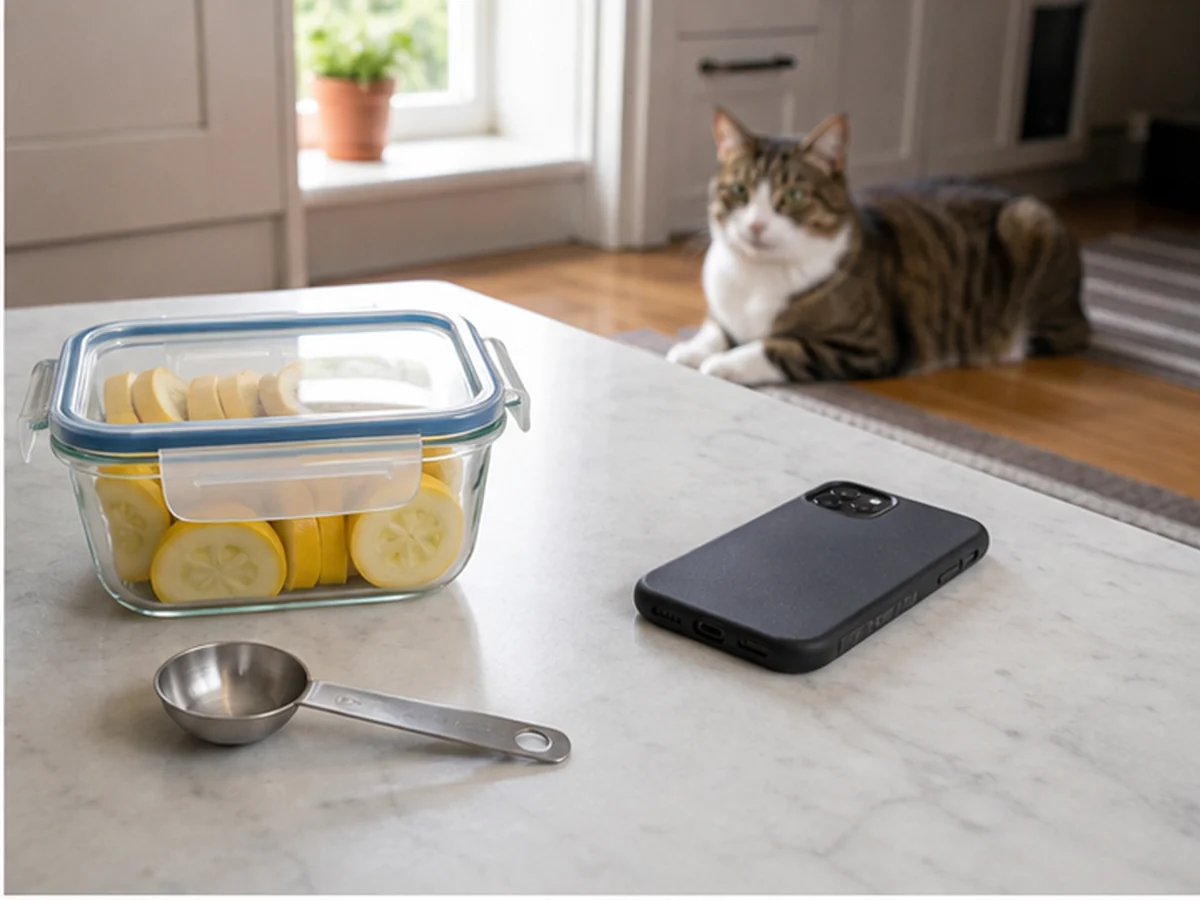 Sealed yellow squash pieces, spoon, and phone with cats distant