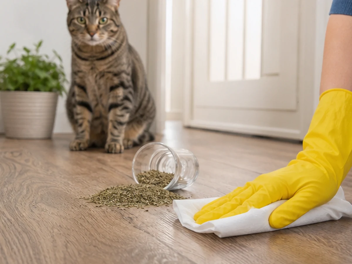 Cat kept behind a kitchen scene involving yogurt