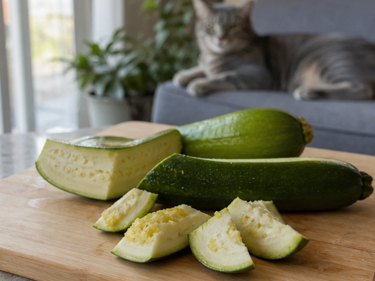 Cat kept behind a kitchen scene involving zucchini