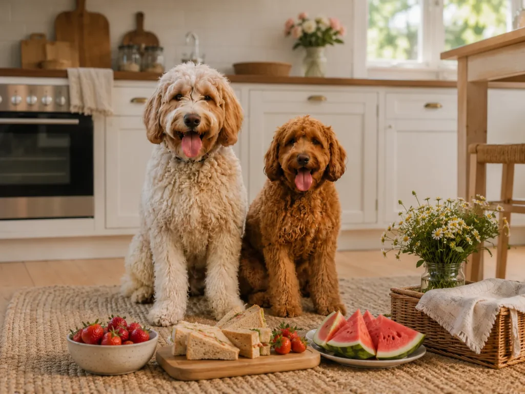 Aussiedoodles sitting next to human food in kitchen