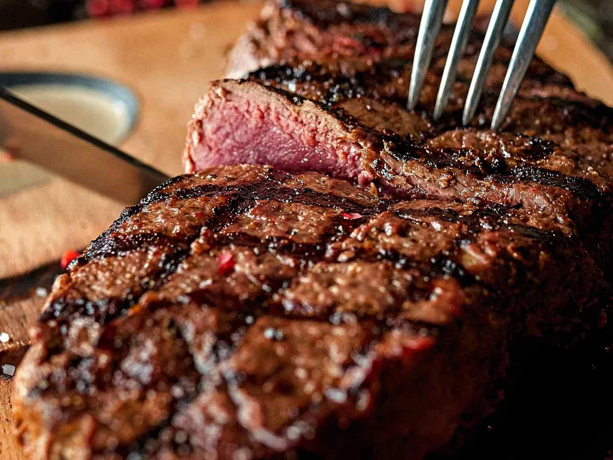 A fork resting on a grilled steak cut open to show a pink center