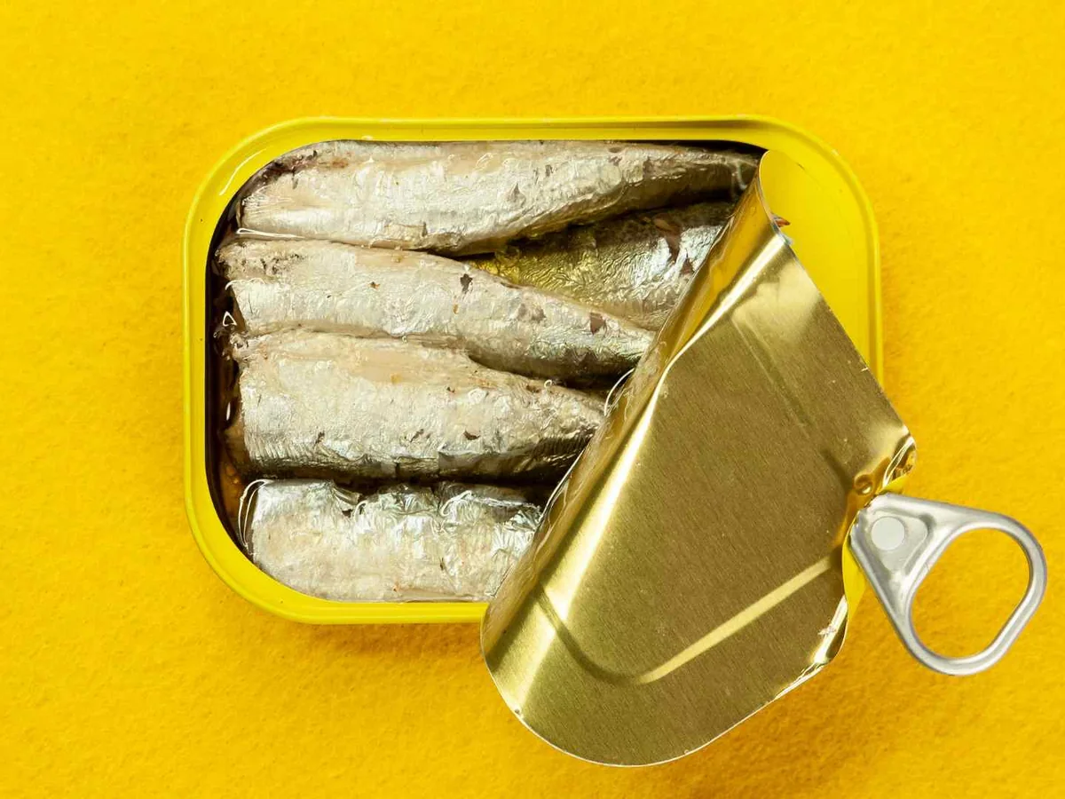 An opened gold tin containing packed sardines