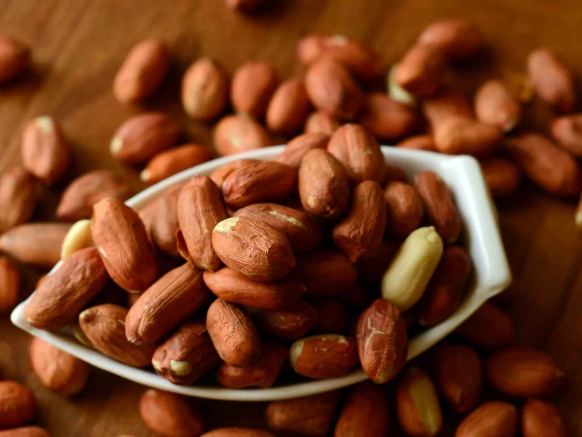 Roasted red-skinned peanuts spilling from a small scoop