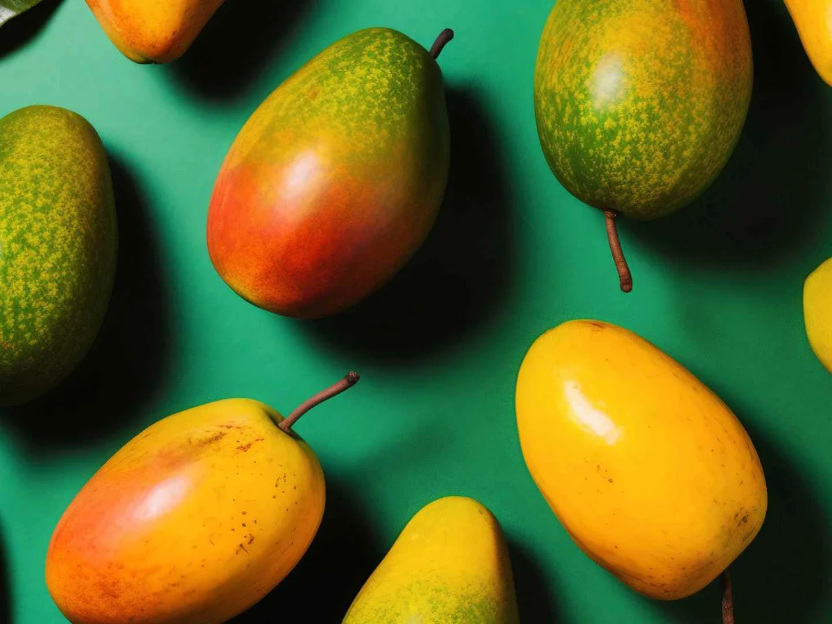 Whole green, red, and yellow mangoes on a green surface