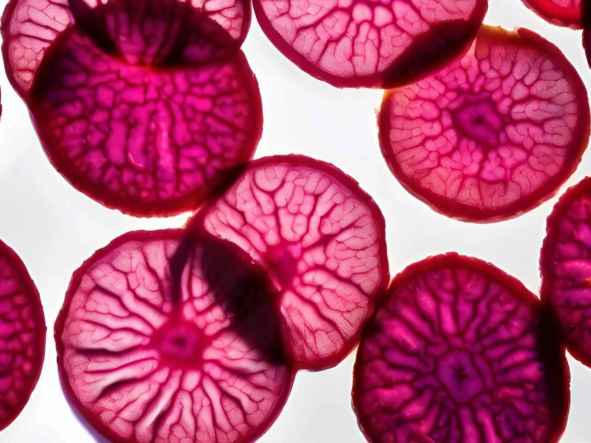 Thin round beet slices arranged on a white background